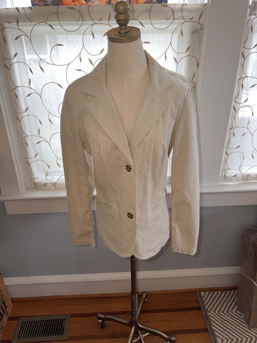L.L.Bean Women's Tan and White Striped Seersucker Blazer
